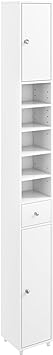 COSTWAY Slim Bathroom Tall Cabinet, Freestanding Storage Cupboard with 2 Doors, 1 Drawer & Adjustable Shelves, Wooden High Floor Cabinet Unit for Bathroom Living Room Kitchen, 20x20x180cm (White)