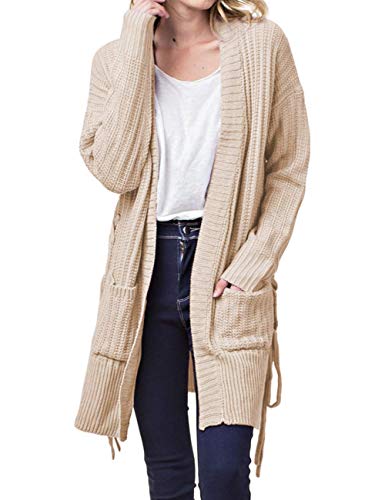 MEROKEETY Women's Long Sleeve Open Front Lace Up Side Knit Sweater Cardigans with Pockets