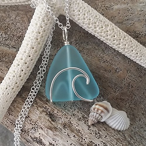 Handmade in Hawaii, wire wrapped ocean wave blue sea glass necklace, sterling silver chain,gift box,sea glass jewelry,beach glass jewelry. beach jewelry gift.