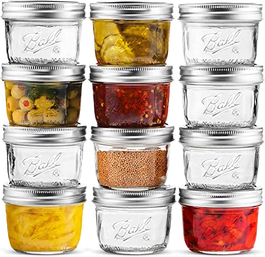 Ball Mason Jars 4 oz [12 Pack] Mini Mouth Jelly Jars With Airtight lids and Bands For Canning, Preserving, Jams, Favors, DIY - Microwave & Dishwasher Safe.   SEWANTA Jar Opener