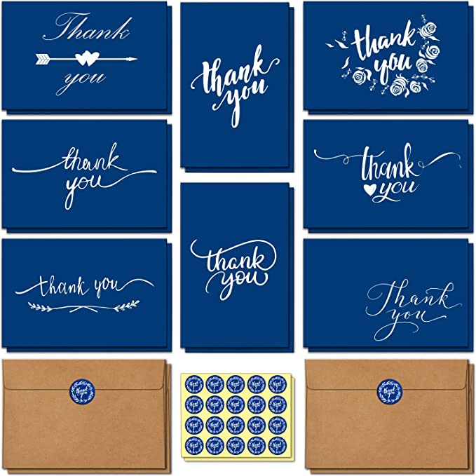 100 Thank You Cards Bulk: Navy Blue Blank Thank You Notes Box Set with Self-Seal Envelopes and Stickers - Elegant 8 Design Greeting Card for Wedding Baby Shower Business Graduation Birthday - 4" x 6"