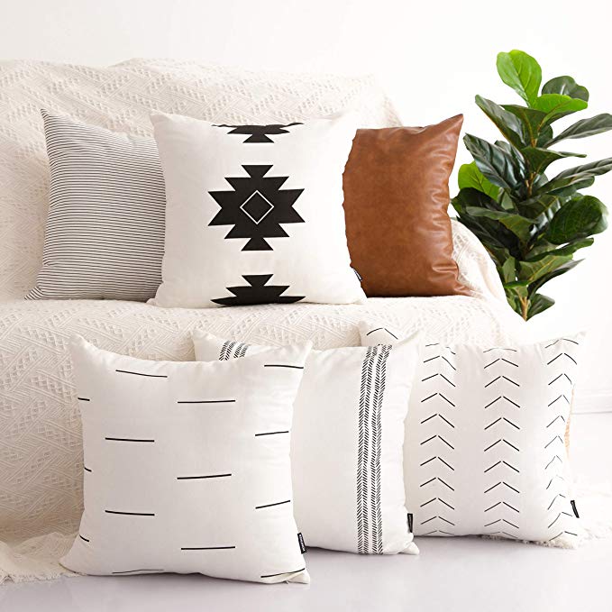 HOMFINER Decorative Throw Pillow Covers for Couch, Set of 6, 100% Cotton Modern Design Stripes Geometric Bed or Sofa Pillows Case Faux Leather 18 x 18 inch