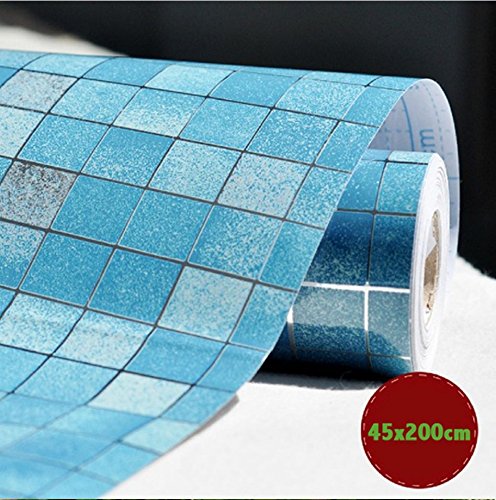 Faux Tile Mosaic Aluminum Foil Self-adhensive Anti Oil Wallpaper 45x200cm for Kitchen Tile Backsplash Decorative Ceramic Tile (Blue)