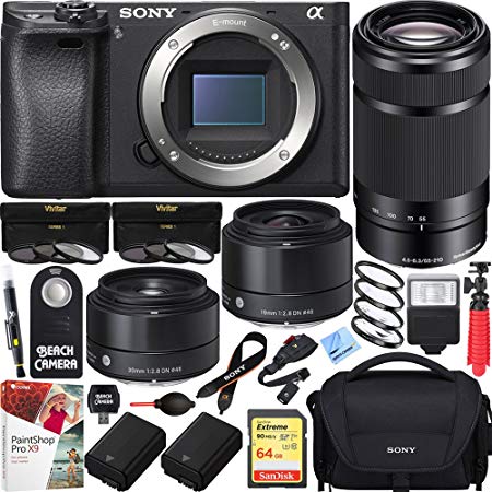 Sony ILCE-6500 a6500 4K Mirrorless Camera (ILCE-6500) with 55-210mm Zoom Lens & Sigma 19mm & 30mm F2.8 Prime ART Lenses Triple Lens Bundle