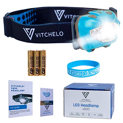 Frontal Headlamp by Vitchelo. Headlight Flashlight with Red Reading Lights & White Leds for Running. Waterproof IPX6 Head Lamp with 168 Lumens. Light Up the Night Camping or at Home