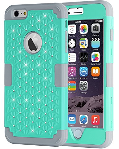 iPhone 6S Plus Case, iPhone 6 Plus Case, BENTOBEN Triple Layer Bling Rhinestone High Impact Resistant Hard Cover Shockproof Silicone Protective Case for iPhone 6/6S Plus (5.5 inch), Mint Green/Grey