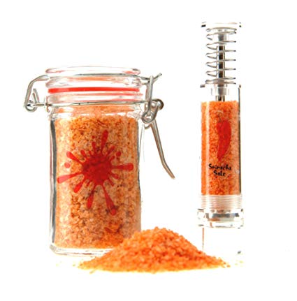 Sriracha, Grind Gourmet Sriracha Flavored Salt and Salt Grinder Gift Set, Jar of Sriracha Flake Salt and Salt Grinder, Reusable Pepper Grinder or Salt mill Included, Storage Glass Jar With Lid