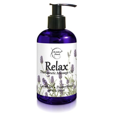 Relax Therapeutic Body Massage Oil - Contains Best Essential Oils for Sore Muscles & Stiffness - Lavender, Peppermint & Marjoram - All Natural - With Sweet Almond, Grapeseed & Jojoba Oil 8.5oz