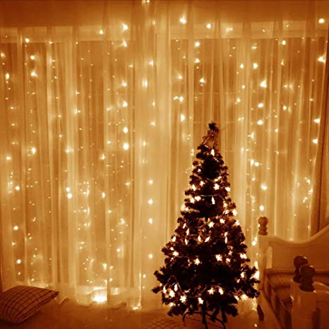 ECOWHO String Lights, 300 LED Window Curtain Twinkle Starry Lights, 8 Lighting Modes, UL Listed Adapter for Wedding, Party, Garden, Bedroom, Halloween Decorations (Warm White)