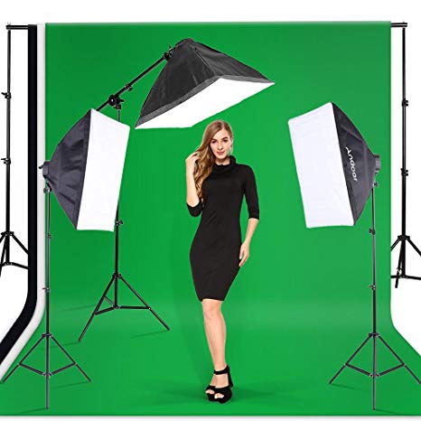 Andoer Photography Softbox Backdrop Lighting Kit, Photo Video Studio Stand Kit with 3 color 6.6 x 9.8ft Backdrop(Black/White/Green) for Studio Photography and Video Lighting  Carrying Bag