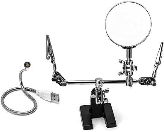 QWORK Helping Hand Magnifier Glass Stand, 5x Magnifying Lens, With LED Flashlight and Dual Adjustable Alligator Clips for Crafting and Micro Objects