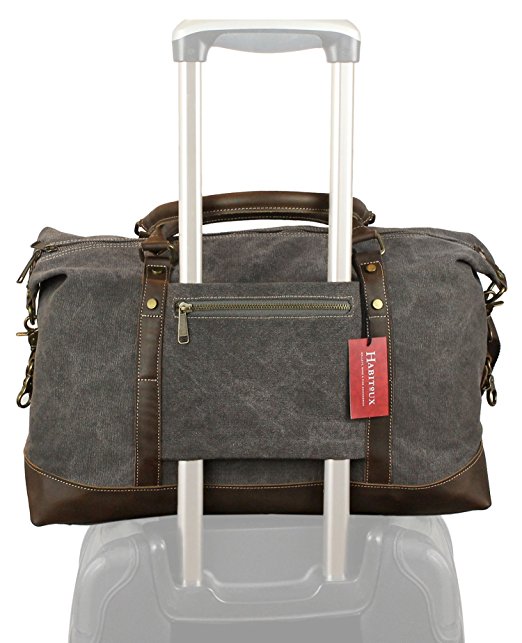 Habitoux Genuine Leather Canvas Weekender Duffel Bag - Travel Tote Holdall (Grey)