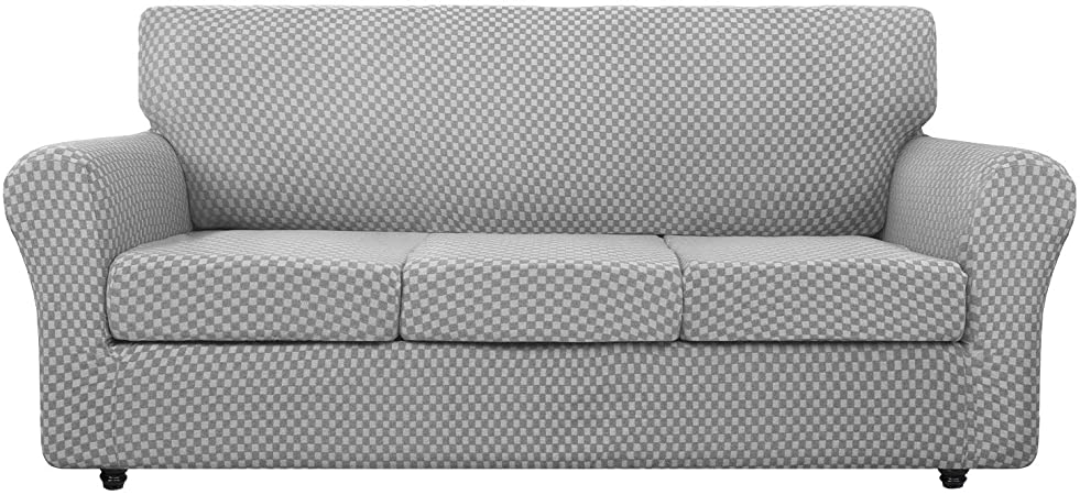 Chelzen 4 Piece Sofa Cover Modern Double-Color Couch Covers for 3 Cushion Couch Super Stretch Linen-Like Spandex Sofa Slipcovers for Dogs Pets Furniture Protector