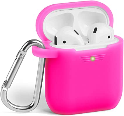 AirPods Case, GMYLE Silicone Protective Shockproof Case Cover Skins with Keychain Compatible with Apple AirPod 2 and 1 Charging Case, Rose Pink [Front LED Visible]