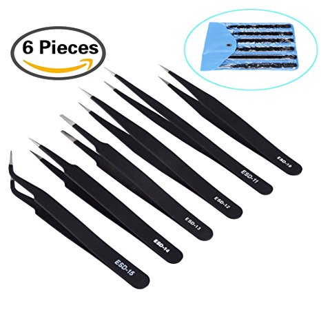 LoveS 6 Pieces Anti-static ESD Tweezers with Non-magnetic Tips for Electronics, Jewelry-making