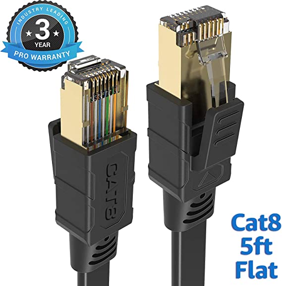CAT 8 Ethernet Cable 5 Ft Black Flat 40Gbps High Speed Shielded RJ45 LAN Cable