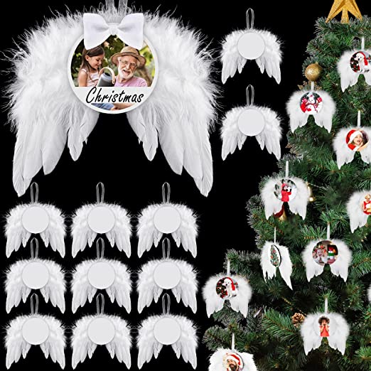 Christmas White Angel Wings Ornament Hanging, Feather Hanging Decor with Sublimation Blank Pendants for Christmas Tree Crafts Angel Wings Xmas Decor (Round Style, 24 Pcs)