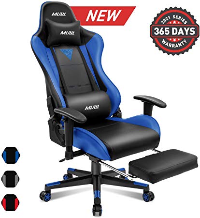 Muzii BIFMA Certified Gaming Chair with Footrest, High-Back PU Leather Office Chair with Headrest and Adjustable Lumbar Support,Ergonomic Computer Swivel Chair for Teens and Adults-Blue(001)