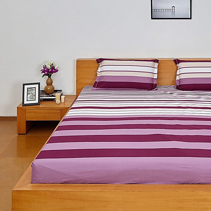 Amazon Brand - Solimo Silk Finish Spectra Stripe 180 TC 100% Cotton Double Bedsheet with 2 Pillow Covers - Purple