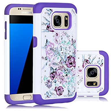 Galaxy S7 Case, HengTech (TM) Premium Durable Dual Layer Hard & Soft Hybrid Rhinestone Bling Armor Defender [ Anti Scratch ] Phone Case Cover Shell for Samsung Galaxy S7 ( Floral- White / Purple)