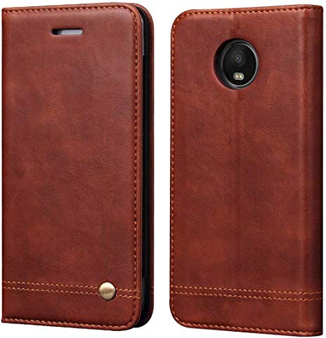 RUIHUI Phone Case for Moto E4,Classic Leather Wallet Folding Flip Protective Shock Resistant Shell Cover with Card Slots,Kickstand and Magnetic Closure for Motorola Moto E 4th Gen (Brown)