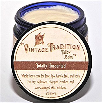 Vintage Tradition Totally Unscented Tallow Balm, 100% Grass-Fed, 2 Fl Oz "The Whole Food of Skin Care"