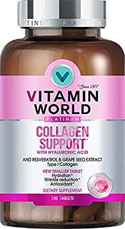Vitamin World Platinum Collagen Support | Premium Beauty Supplement feat. Grape Seed Extract, Resveratrol, Hyaluronic Acid & Vitamin C to Provide Wrinkle Reduction & Antioxidant Support, 120 Tablets
