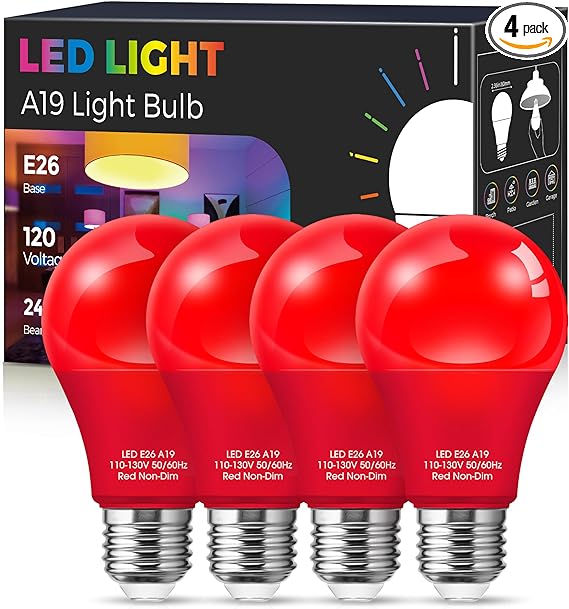 Red Light Bulbs [ 4 Pack] Valentines Light Bulbs 9W (60W Equivalent) A19 LED Red Light Bulbs Indoor/Outdoor, E26 Base Non-Dimmable,720LM Porch Light, LED Light Bulb for Valentines Day Decorations