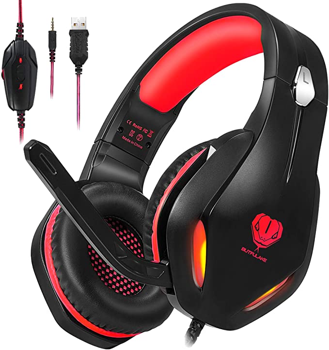 Stynice GH-2 Stereo Gaming Headset for Xbox One PS4 PS5 PC Laptop, Stereo Surround Sound Gaming Headphones with Noise Cancelling Microphone LED Lights Red