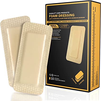 EVERLIT Silicone Foam Dressing with Gentle Adhesive Border | Sterile, Highly Absorbent, Waterproof Hydrocellular Foam Bandages | Advanced Wound Care for Bed Sores, Pressure Ulcers (2" x 5" | 10 Pack)