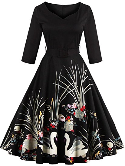 Babyonline Floral Vintage Women Dresses Half Sleeve 1950s Rockabilly Party Gown