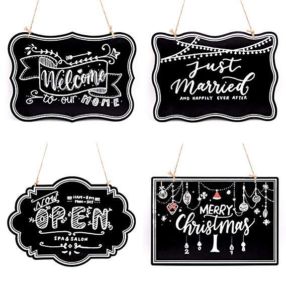 UNIQOOO 10x14 inch Hanging Decorative Chalkboard Sign, Double-Sided Non Porous Wooden Signage Note Message Board Home Welcome Signs, Perfect for Wedding Cafe Kids Doodling Party Decoration, Set of 4