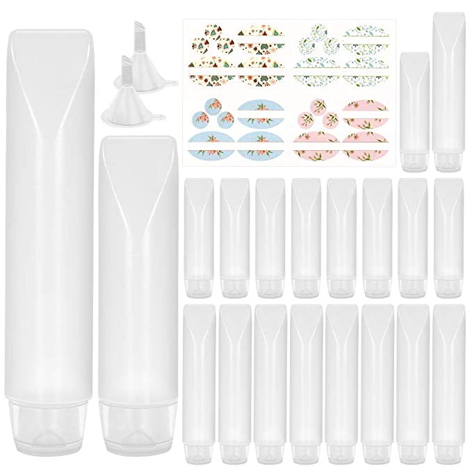 Eathtek Plastic Squeeze Bottles Sets of 20, 1oz 10PCS and 1.7oz 10PCS Empty Travel Size Containers with Flip Cap for Toiletry Accessories Shampoo and Lotion(24 Labels and 2 Funnels Included)