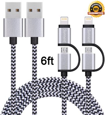 Sunnest 2Pack 6ft 2 in 1 Lightning & Micro USB Nylon Braided Sync and Charging Cable Power Cord for iPhone 6s plus/6s/6 plus/6/5s/5c/5, iPad /iPod, Sumsung, HTC, Nexus,Sony and other Android Devices.