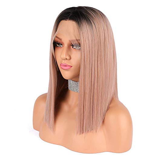 eNilecor Pink Wigs, Short Rose Gold Lace Front Bob Wigs Colored Ombre Straight Middle Parting 150% Density Synthetic Wig