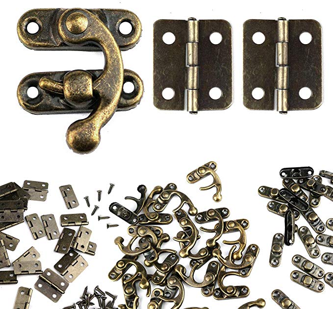 60 PCS Antique Mini Hinges and 30 Sets Bronze Tone Right Latch Hook Hasp with Screws for Wood Jewelry Box