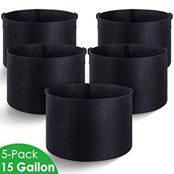 MAXSISUN 5-Pack 15 Gallon Plant Grow Bags, Heavy Duty Thickened Non-Woven Aeration Fabric Pots Container with Reinforced Handles for Gardening