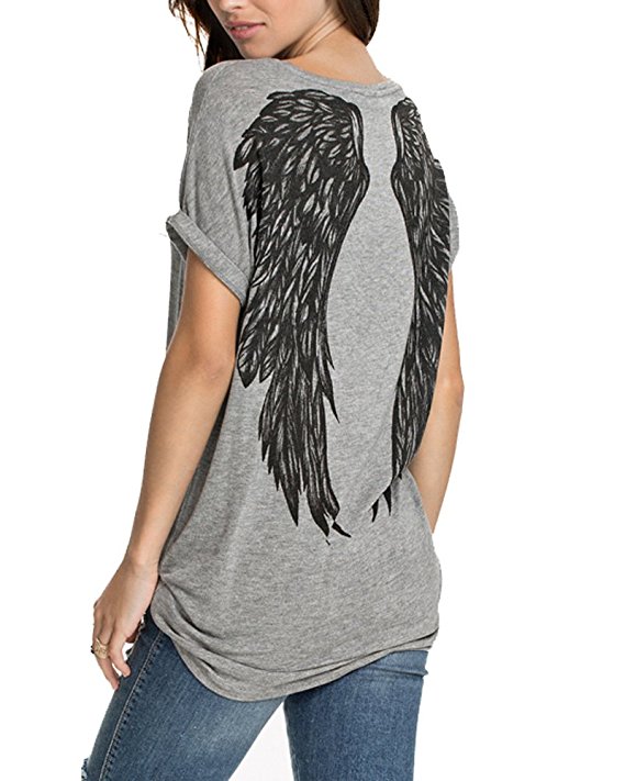 Tulucky Womens Summer Fashion Angel Wing Loose Tops O-Neck T Shirts