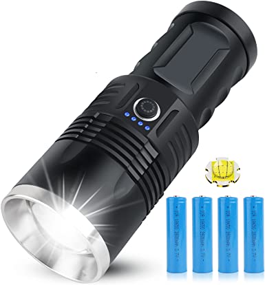 Rechargeable Flashlights High Lumens 100000, Tactical Flashlights Super Bright Powerful LED Handheld Flashlight with 3 Modes, 4 Batteries, Zoomable, IPX5 Waterproof Flashlight for Camping Emergencies