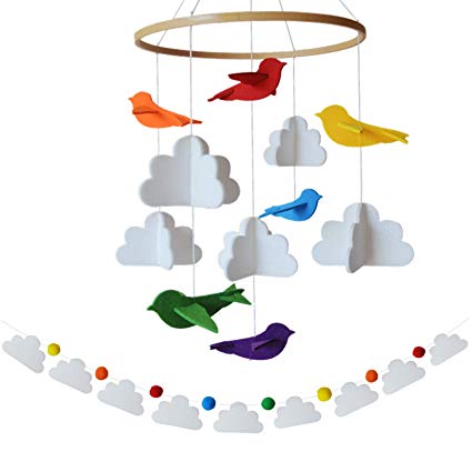 Baby Mobile by Sorrel   Fern -Rainbow Birds in The Clouds and Garland- Felt Nursery Ceiling Decoration for Girls & Boys
