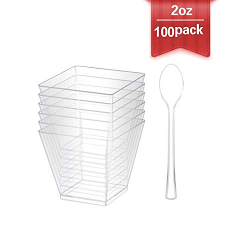 100ct 2oz Mini Clear Dessert Cup-Disposable Plastic Square Cube For Parfaits Puddings Tiramisu Mousse Ice cream Dessert Buffet shooter