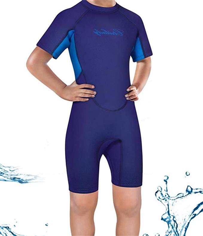 CtriLady Kids Neoprene Shorty Wetsuit Short Sleeve Swimsuit Thermal Back Zip Spring Suit Snorkeling Surfing Swimming