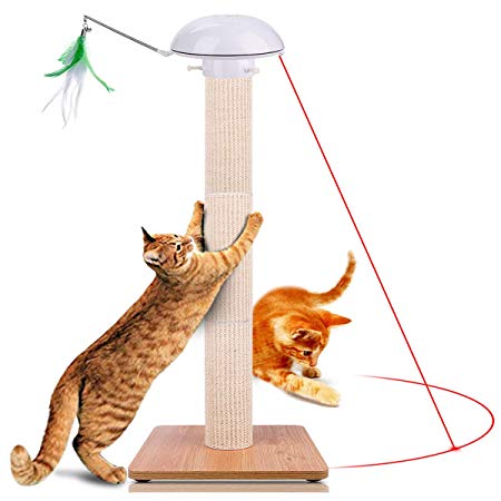 Huicocy Cat Scratching Post,35" Tall Cat Tree Detachable Cat Scratching Post Covered by Allergen-Free Durable Sisal with Interactive Auto Rotating Light Feather Cat Chaser Toy
