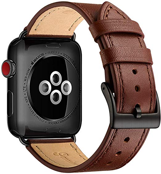 OXWALLEN Compatible with Apple Watch Band 42mm 44mm Series 4/5, Genuine Leather Band Also for iWatch Series 3 Series 2 Series 1 (42mm) Sport and Edition, Coffee, Black Buckle