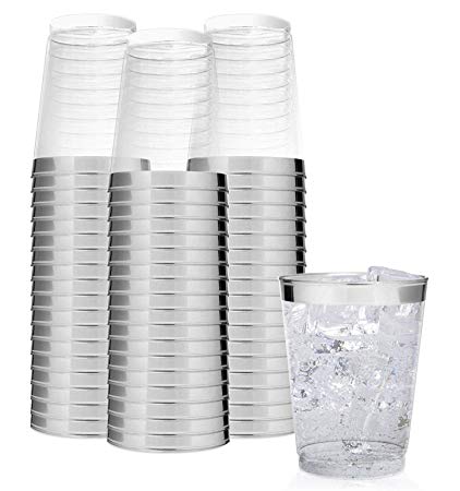 Elegant Silver Rimmed 10 Oz Clear Plastic Tumblers Fancy Disposable Cups with Silver Rim Prefect for Holiday Party Wedding and Everyday Occasions (100 Pack)