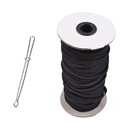 KLOUD City Black 70-Yards Length 1/4'' Width Braided Elastic Cord, Elastic Band, Elastic Rope, Bungee Plus Easy Pull Bodkin Threader Tweezer with Teeth