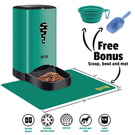 Automatic Pet Feeder Food Dispenser for Dogs and Cats | BONUS Collapsible Bowl   Food Scoop   Silicone Feeding Mat | Smart Programmable Timed Feeder with Auto Portion Control and Voice Record