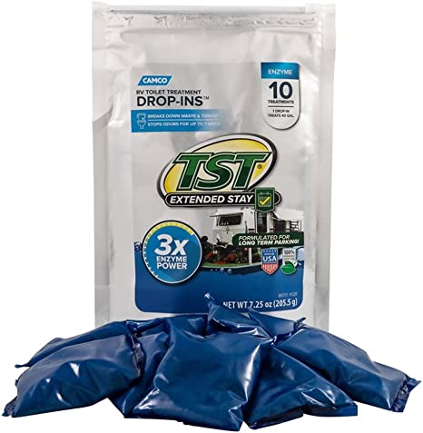 Camco TST Extended Stay RV Toilet Treatment Enzyme Drop-Ins | Helps Control Unwanted Odors & Break Down Waste and Tissue | for Extended Stays | 10 Per Bag (41640), Blue