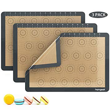 Homgeek Silicone Macaron Baking Mat with Measurements, Set of 3 Large Reusable Professional Non Stick Silicon Liner for Bake Pans & Rolling, Macaroon/Pastry/Cookie Making, 16.5" x 11.6", Brown