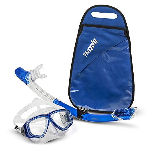 ProDive Premium Dry Top Snorkel Set - Impact Resistant Tempered Glass Diving Mask, Watertight and Anti-Fog Lens [Crystal Clear for Best Vision] Easy Adjustable Strap. Waterproof Gear Bag Included.